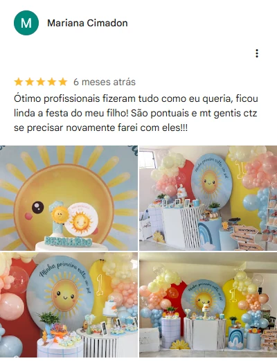 Avaliação 5 estrelas de Mariana Cimadon no Google, com fotos da decoração