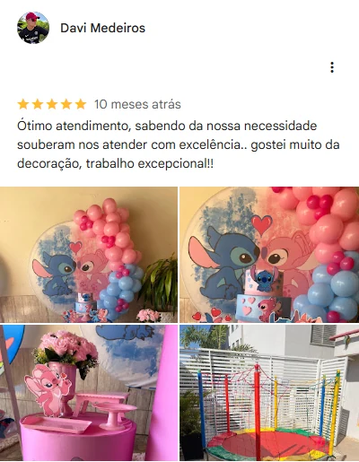 Avaliação 5 estrelas de Davi Medeiros no Google, com fotos da decoração