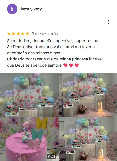 Avaliação 5 estrelas de ketely kety no Google, com fotos da decoração