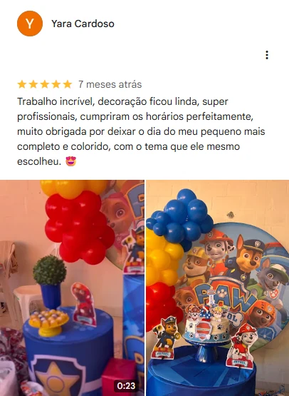 Avaliação 5 estrelas de Yara Cardoso no Google, com fotos da decoração
