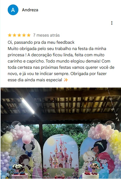Avaliação 5 estrelas de Andreza no Google, com fotos da decoração