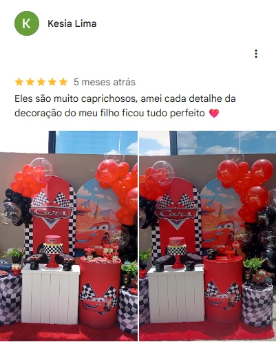 Avaliação 5 estrelas de Kesia Lima no Google, com fotos da decoração
