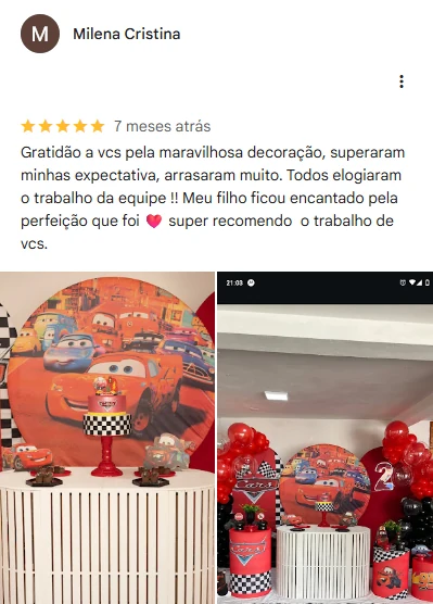 Avaliação 5 estrelas de Milena Cristina no Google, com fotos da decoração