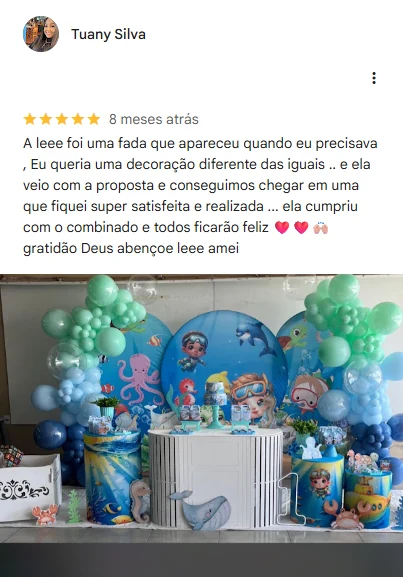 Avaliação 5 estrelas de Tuany Silva no Google, com fotos da decoração