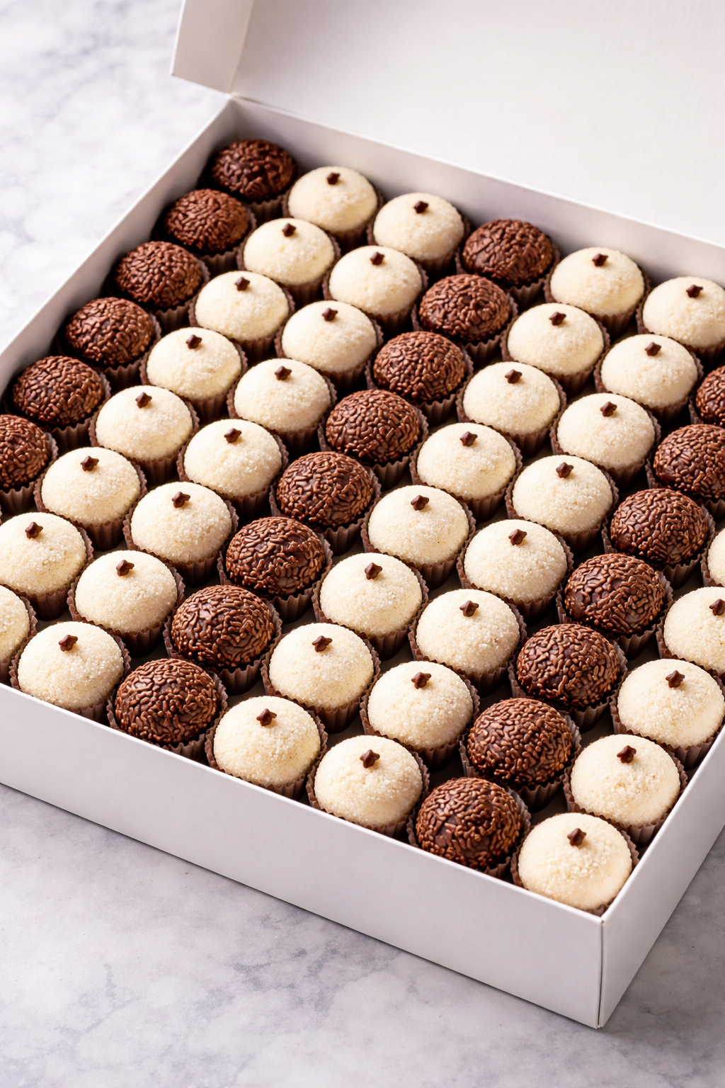 Caixa de doces com brigadeiros e beijinhos organizados