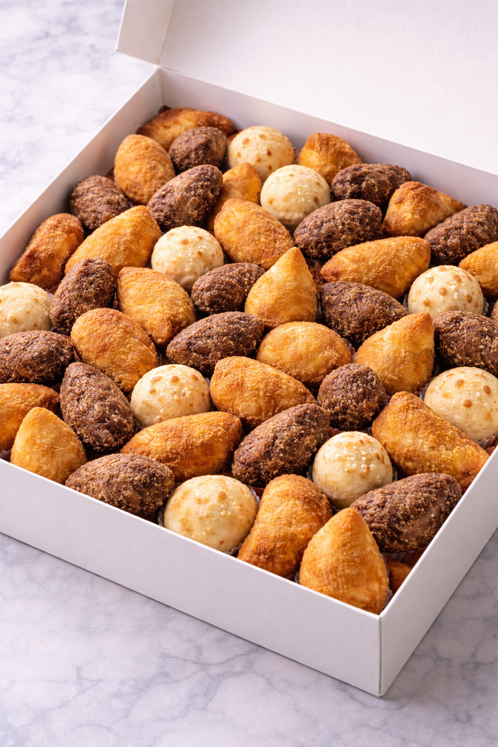 Caixa de salgados variados com coxinhas, kibes e bolinhas de queijo